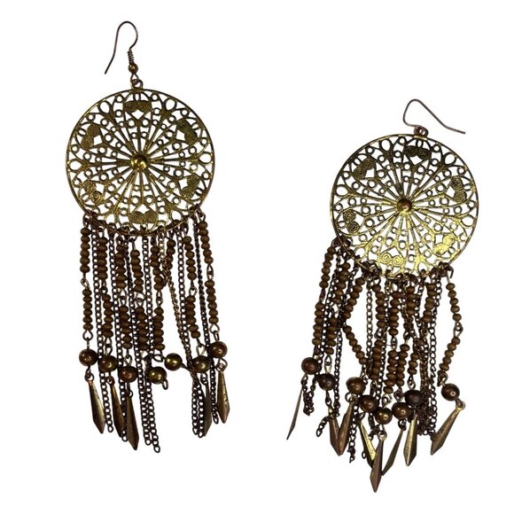 Vintage Gold Filigree Dreamcatcher Dangle Earrings With Bead & Chain Fringe A250 - Picture 12 of 12